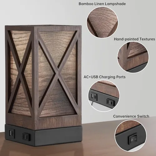 Miniatura 4 de Lámpara de mesa, juego de 2 lámparas de mesita de noche rústicas de granja, lámpara de escritorio con 3 temperaturas de color con puertos de carga
