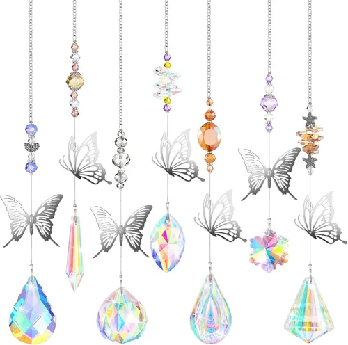 Hicarer 7 Piezas de Cristales Atrapasoles Mariposa Prisma Atrapasoles de Cristal Colorido Candelabro Arcoíris Adorno de Árbol de Navidad Colgante