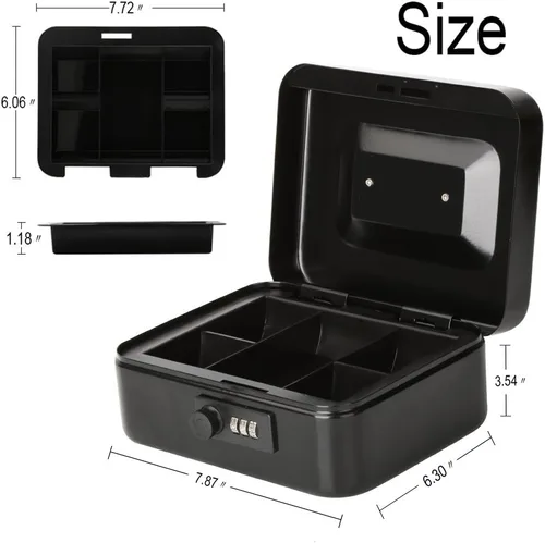 Miniatura 2 de Decaller Caja de dinero con cerradura de combinación, caja de seguridad de metal pequeña con bandeja de dinero, 7 4/5 x 6 4/5 x 3 3/5 pulgadas