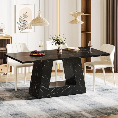 Miniatura 4 de Mesa de comedor Tribesigns para 4 a 6 personas, mesa rectangular de 63" para comedor, mesa moderna de madera con falso mármol para cenas con base