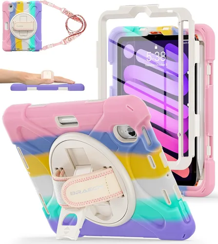 Miniatura 10 de BRAECNstock para Apple iPad mini 5/4 Funda 2019/2015 19,9 cm, Funda Protectora a Prueba de Golpes con Soporte para Lápices, Correa Giratoria