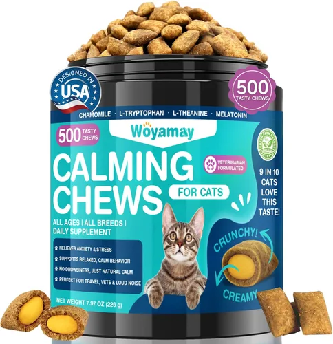 Woyamay Golosinas calmantes para gatos, 500 masticables calmantes crujientes y cremosos para gatos, golosinas calmantes naturales para controlar el