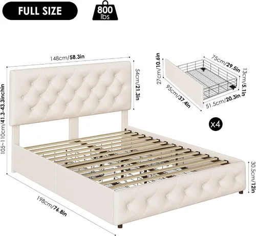 Miniatura 2 de Keyluv - Base de cama tapizada moderna con 4 cajones, diseño de cabecera con botones, soporte de listones de madera maciza, fácil montaje, tela