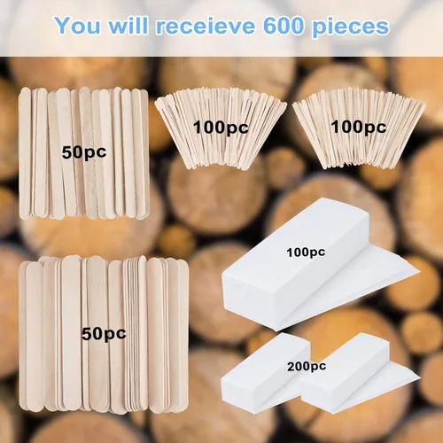 Miniatura 3 de Juego de 600 tiras de cera de madera, 300 varillas aplicadoras de cera de madera, espátulas pequeñas, medianas y grandes y 300 tiras de cera