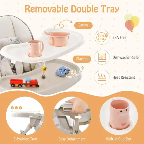 Miniatura 4 de HOMGX - Silla alta portátil, silla de alimentación plegable para bebés con reposapiés y respaldo ajustables, bandeja doble grande apta