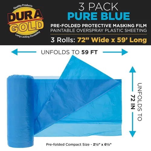 Miniatura 2 de Dura-Gold Película de enmascaramiento preplegada azul puro de 72 pulgadas x 59 pies, paquete de 3 rollos de plástico para pintores (0.4 mil), hoja