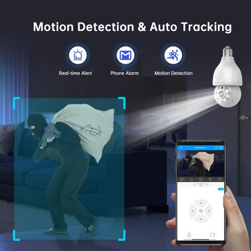 Miniatura 3 de EVERSECU HD 2K 3.0MP Cámara de seguridad de bombilla inalámbrica con conector de luz E27, seguimiento automático PTZ, audio de dos vías, visión