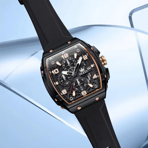 Miniatura 7 de OLEVS Reloj para hombre de lujo de cara grande negro relojes de pulsera de silicona cuadrado multifuncional vestido impermeable cronógrafo analógico