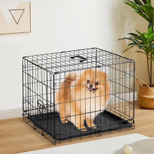 Miniatura 8 de Sweetcrispy Jaula para perros, jaula plegable de alambre de metal de doble puerta de 42 pulgadas con bandeja de plástico a prueba de fugas, perrera