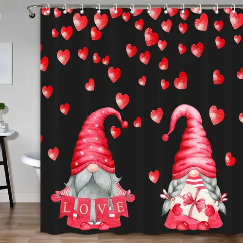 Miniatura 2 de Cortina de ducha de gnomo de San Valentín, decoración romántica de baño con corazones rojos, juego de cortinas de baño rojas y negras, decoración