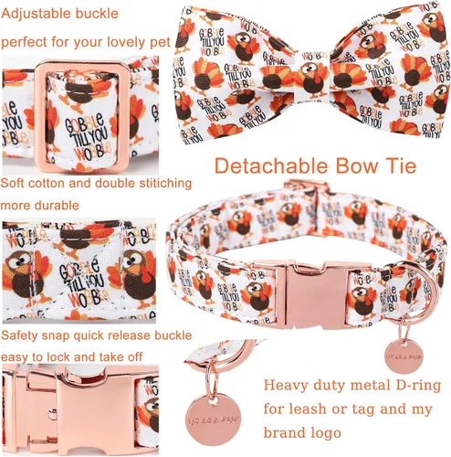 Miniatura 3 de Collar de Perro de Acción de Gracias con Pajarita, Pajarita de Algodón con Diseño de Pavo para Cachorra Hembra o Gato, Collar de Pajarita de Otoño