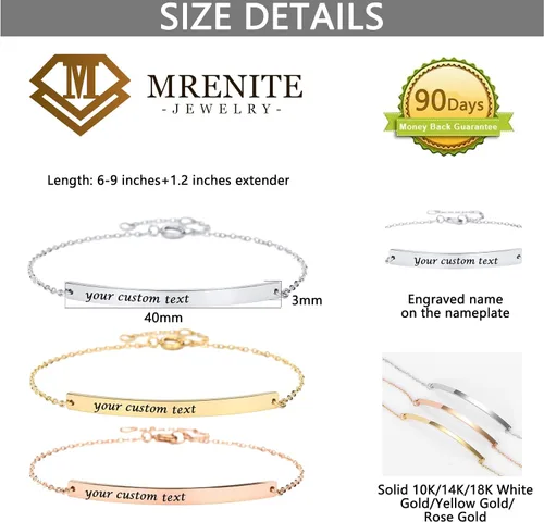 Miniatura 6 de MRENITE Pulsera de barra personalizada de oro de 10 quilates, 14 quilates y 18 quilates, pulsera de corazón con inicial para mujer, grabado