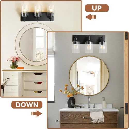 Miniatura 6 de LOUSACE Lámpara de tocador de baño de 3 luces, lámparas de baño negro mate sobre el espejo, iluminación moderna de baño con pantalla de vidrio
