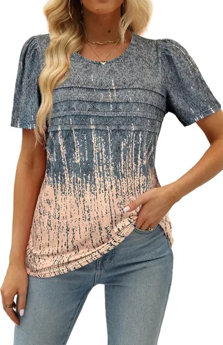 Miniatura 68 de JomeDesign - Camisetas casuales de verano para mujer, manga corta, cuello redondo, manga abullonada