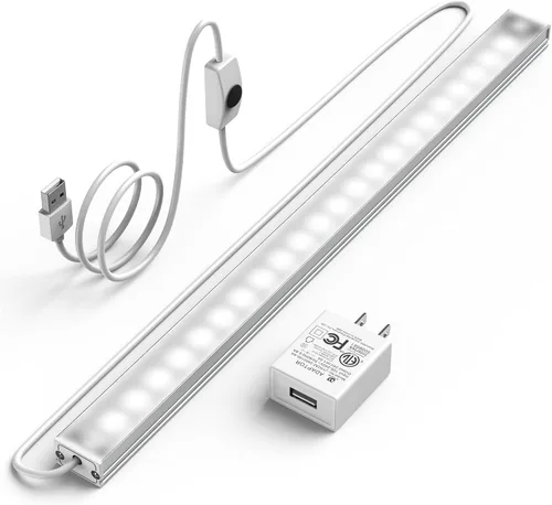 ASOKO Iluminación LED para debajo del gabinete, barra de tira de luz de 12 pulgadas, luz blanca fría 6000 K regulable con enchufe USB, pequeña