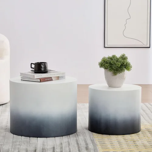 Miniatura 19 de Juego de 2 mesas auxiliares redondas, mesa auxiliar anidable y mesa auxiliar de madera con tambor circular pequeño para sala de estar, oficina, sin