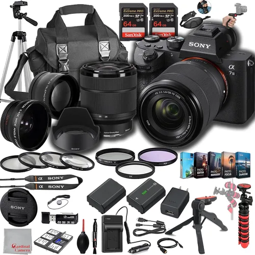 Sony Cámara digital sin espejo a7 III de 24 MP con lente de 28 a 2.756 in, memoria de velocidad extrema de 128 GB, lentes anchos .43 y 2X, funda.