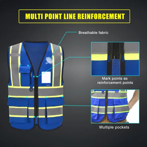 Miniatura 5 de AYKRM 11 color alta visibilidad reflectante chaleco de seguridad para mujeres hombres bolsillo cremallera ANSI/ISEA estándar Azul