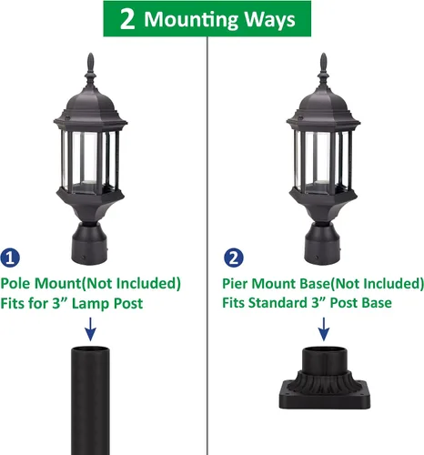 Miniatura 3 de LIT-PaTH Farol de poste de iluminación para exteriores, base mediana E26 máx. 60 W, carcasa de aluminio más vidrio, paquete de 2, acabado negro