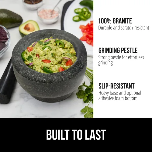 Miniatura 2 de GORILLA GRIP Juego de mortero y mazo de servicio pesado con base antideslizante, 2 tazas, 100% piedra de granito molcajete tazón de guacamole, moler