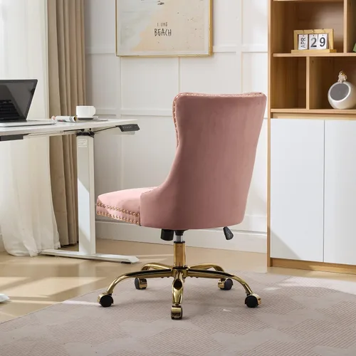 Miniatura 9 de LKTART Silla de oficina tapizada de terciopelo con botón copetudo con base de metal dorado, silla de escritorio ajustable giratoria para el hogar