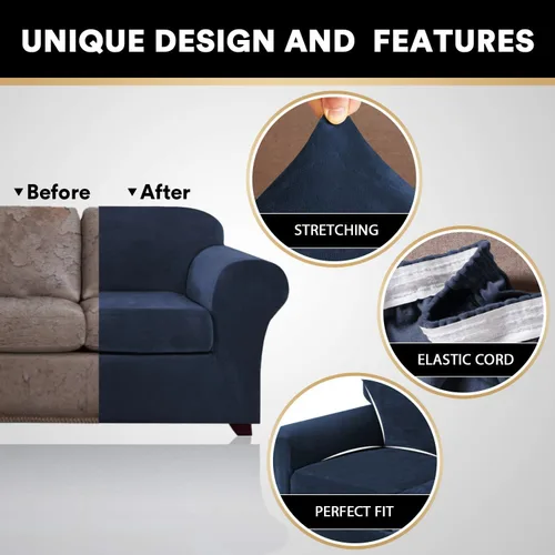 Miniatura 3 de PrinceDeco - 4 fundas de terciopelo para sofá de 3 cojines, protector suave de muebles con parte inferior elástica antideslizante, fundas de sofá
