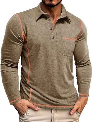Miniatura 10 de Polo para hombre, manga larga, cuello clásico, algodón, botón básico, elegante, con bolsillo en el pecho