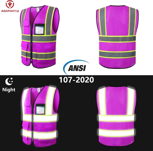 Miniatura 4 de Chaleco de seguridad reflectante de alta visibilidad para hombres y mujeres con bolsillos y cremallera frontal, cumple con los estándares ANSI/ISEA