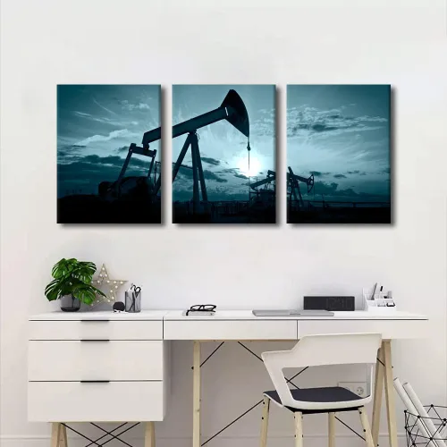 Miniatura 2 de TUMOVO Bombas de aceite en la puesta de sol para dormitorio, industria de petróleo y gas, pinturas de pared de 3 piezas de arte de pared de petróleo