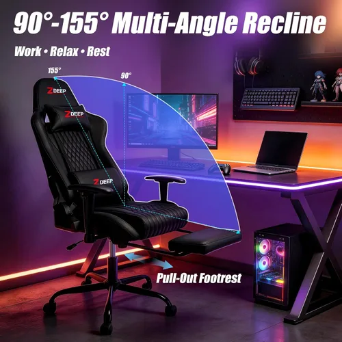 Miniatura 5 de Silla de juegos con reposapiés, silla de juego ergonómica con soporte lumbar y reposabrazos giratorio, silla reclinable para computadora de altura