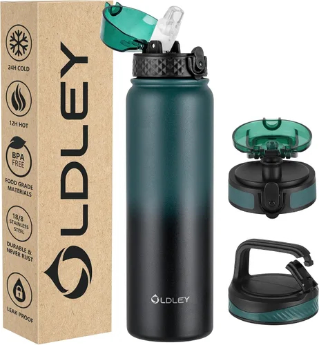 Miniatura 28 de Oldley Botella de Agua Aislada con Pajilla de 20oz, Botellas de Agua de Acero Inoxidable con 3 Tapas, Aislamiento al Vacío de Doble Pared Térmica