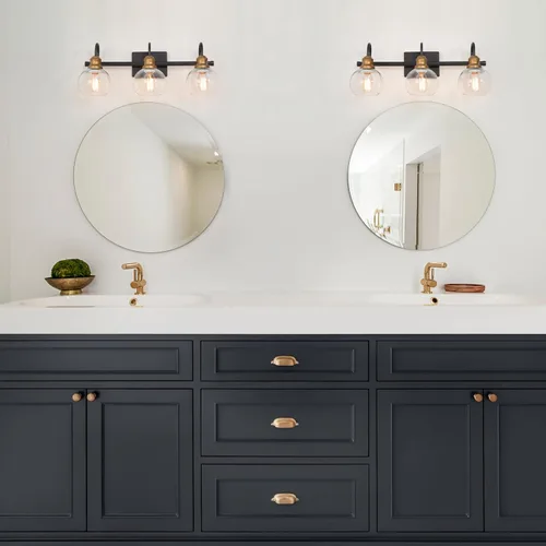 Miniatura 3 de KSANA Luminaria de Baño Estilo Granja, Lámpara de Tocador Moderna Negro Dorado de 3 Luces con Pantalla de Vidrio Transparente Abierta, Lámpara