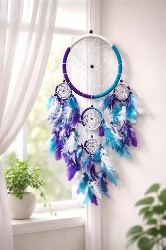 Miniatura 2 de OMA Atrapasueños – Colores tradicionales de tie-dye hechos a mano, plumas turquesa, morado y blanco – Tamaño grande – 9 pulgadas de diámetro y 30