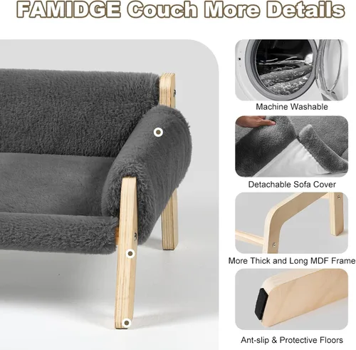 Miniatura 6 de FAMIDGE Sofá cama elevada para gatos de interior – Sofá de madera para mascotas con funda gruesa extraíble lavable para gatitos elevados adecuado