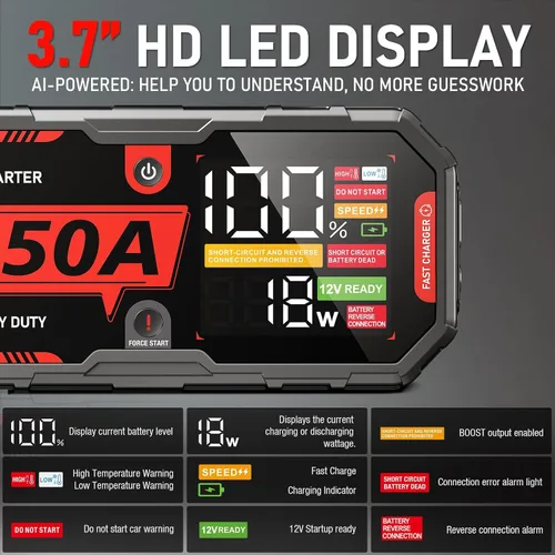 Miniatura 5 de 8250A Arrancador de Salto Arrancador de Puente Portátil Paquete de Batería (Hasta 10L de Gasolina / 6.5L de Diesel), 2 Bancos de Energía USB-C