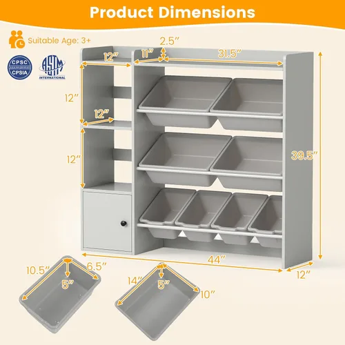 Miniatura 3 de HONEY JOY Organizador de almacenamiento de juguetes para niños, armario de madera de 44 pulgadas de largo con 8 contenedores extraíbles, estantes