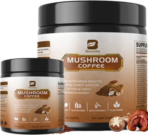 Miniatura 11 de B BEWORTHS Café en polvo de hongos con aceite MCT, 10 hongos melena de león, cola de pavo, reishi, cordyceps y chaga - Café instantáneo de hongos