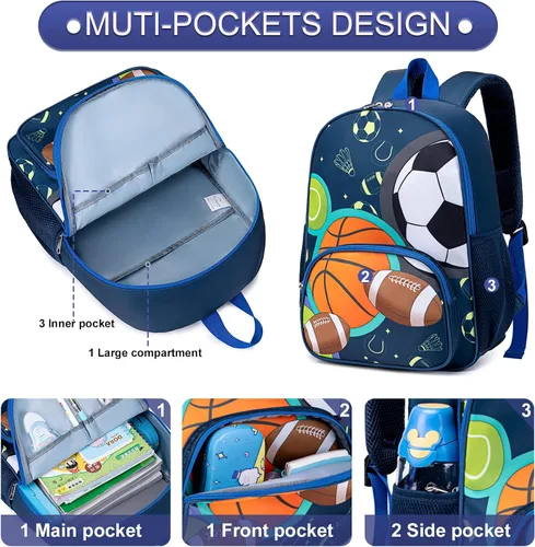 Miniatura 4 de BTOOP Mochila escolar para niños, mochila escolar para preescolar y jardín de infantes con unicornio con clip para el pecho, Sportball-azul marino