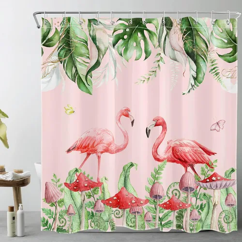 Miniatura 11 de Juego de cortinas de ducha de flamenco rosa, hoja verde salvia con hongo rojo, cortina de ducha para baño, cortina de ducha tropical de hoja
