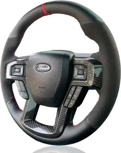 Miniatura 5 de Funda para volante de piel perforada negra y gamuza roja, costura a mano en envoltura para Ford F150 Raptor 2016-2019