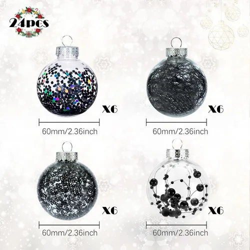 Miniatura 2 de 24 unidades - Adornos de bolas de Navidad colgantes de plástico transparente inastillable con bolas delicadas decorativas (2.36"/60mm, negro)
