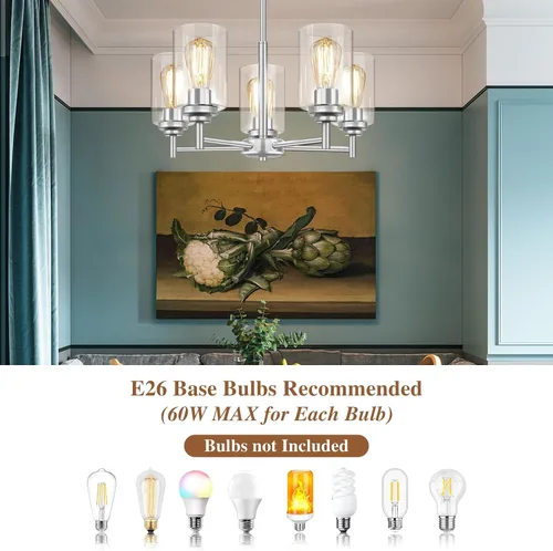 Miniatura 5 de 19.8'' Lámpara de araña de 5 luces de 19.8'' para comedor, isla de cocina, iluminación colgante moderna de granja con pantallas de vidrio, lámpara