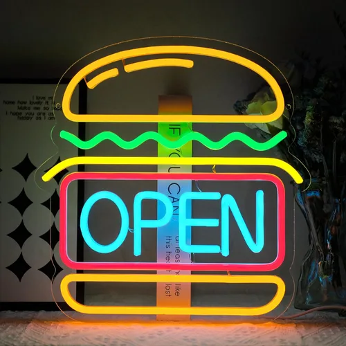 Letrero de neón de hamburguesas abierto para decoración de pared Luces LED de hamburguesa regulables Letreros de neón abiertos para negocio Luz de