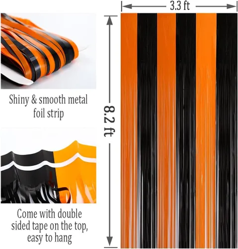 Miniatura 2 de Abien Cortinas de flecos de aluminio naranja y negro, serpentinas para fiesta de Halloween, suministros de fiesta para fiesta de Halloween, fiesta