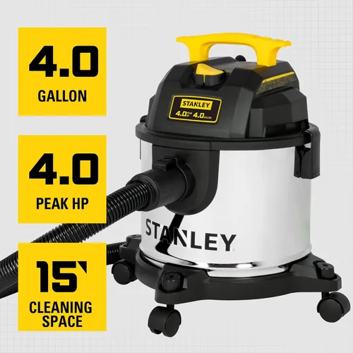 Miniatura 3 de STANLEY Aspiradora húmeda y seca de 4 galones, soplador de vacío 3 en 1 de 4 picos HP de acero inoxidable con potente succión, aspiradora para lugar