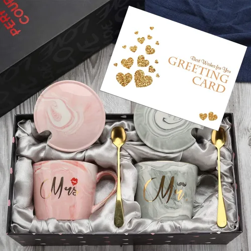 Mr And Mrs - Juego de tazas de café de cerámica para parejas, regalos de compromiso para parejas, regalo de despedida de soltera para novia, día de