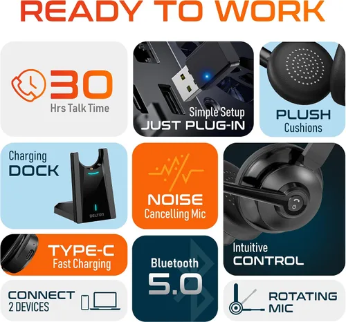 Miniatura 4 de Delton Auriculares Bluetooth 35X para computadora con micrófono de cancelación de ruido, base de carga rápida, acoplamiento automático USB Dongle