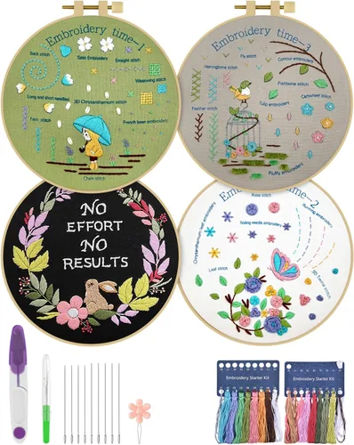 Miniatura 11 de ERKOON 4 Kits de Bordado, Juego de Punto de Cruz de Animales que Incluye Tela de Bordado, Aros, Hilos para Amantes de las Manualidades, Puntada a