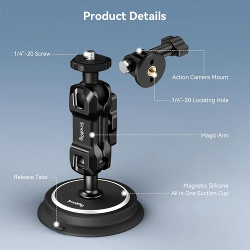 Miniatura 9 de SMALLRIG Soporte magnético para GoPro Hero 13/12/11, potente cámara de montaje exterior con cabeza de bola de rotación de 360°, brazo mágico