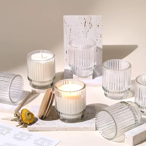DEVI Frascos de Velas de Vidrio Transparente Acanalado Vacíos de 7 oz para Hacer Velas, Juego de 8, Frascos de Velas de Vidrio con Tapas de Bambú,